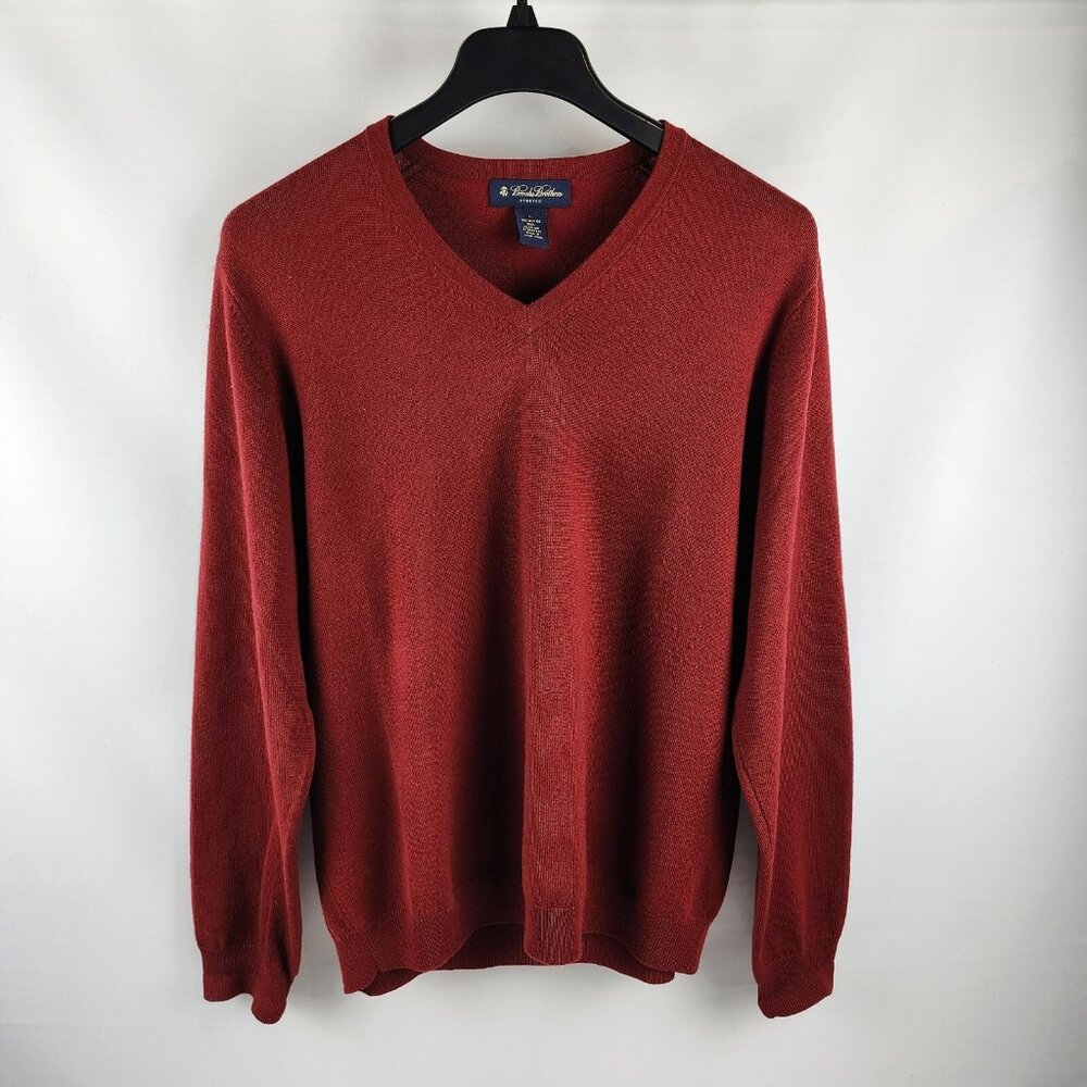 Brooks Brothers Sweater Mens Large Red Merino Wool V-Neck Pullover Stretch